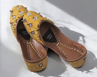Mustard Jutti: Hand-Embroidered Mirror Work Khussa Shoes