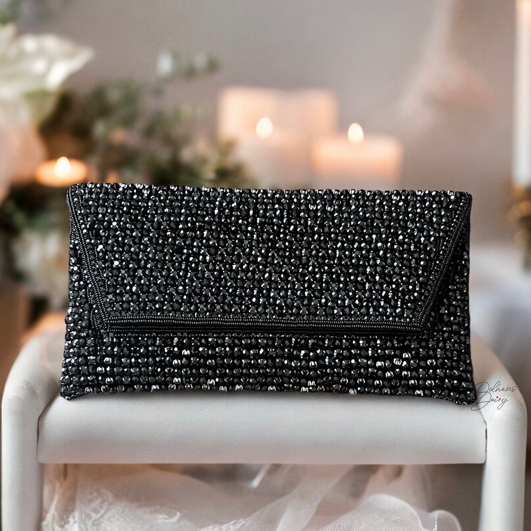 INC Women's Black Embellished Nylon Chain Strap Clutch Handbag Purse