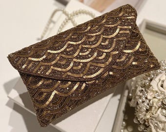 Sequin Envelope Clutch: Handmade Evening Bag In Antique Bronze