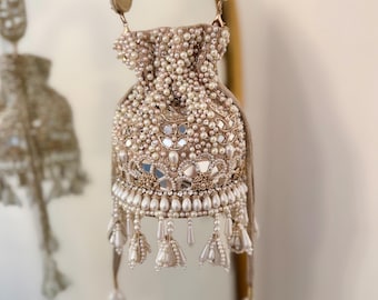 Champagne Beaded Bridal Potli Bag: Mirror Work Wedding Accessory