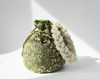 Olive Green Velvet Potli Bag | Zardosi & Pearl Embellishments