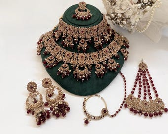Maroon Kundan Indian Bridal Necklace Set | Crystal Jewelry