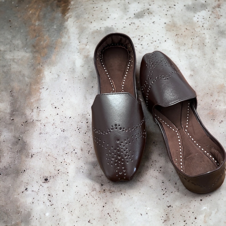 May include: A pair of brown leather shoes with a perforated design. The shoes have a pointed toe and a slip-on style.