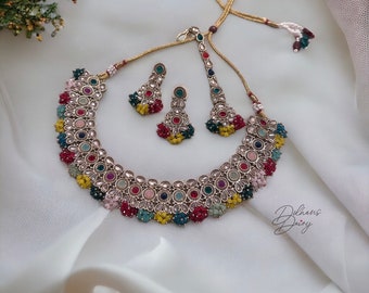 Beaded Necklace Set: Indian Gold Finish, Multicolor Crystal Jewelry
