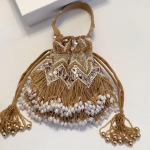 Beige Beaded Bridal Potli Bag | Wedding Day Potli Bag| Gift For Bride
