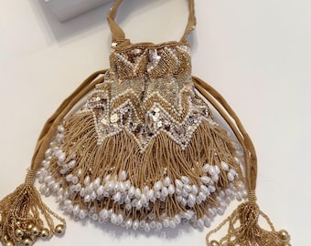 Beaded Bridal Potli Bag: Beige Wedding Day Clutch