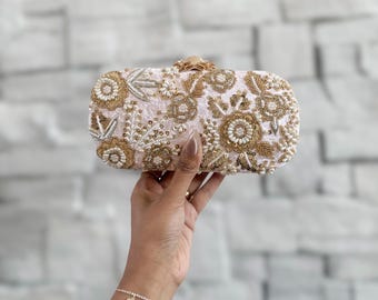 Pastel Pink Zardozi Clutch: Handmade Beaded Evening Bag
