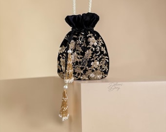 Black Zardozi Work Bridal Potli Bag: Wedding Evening Bag