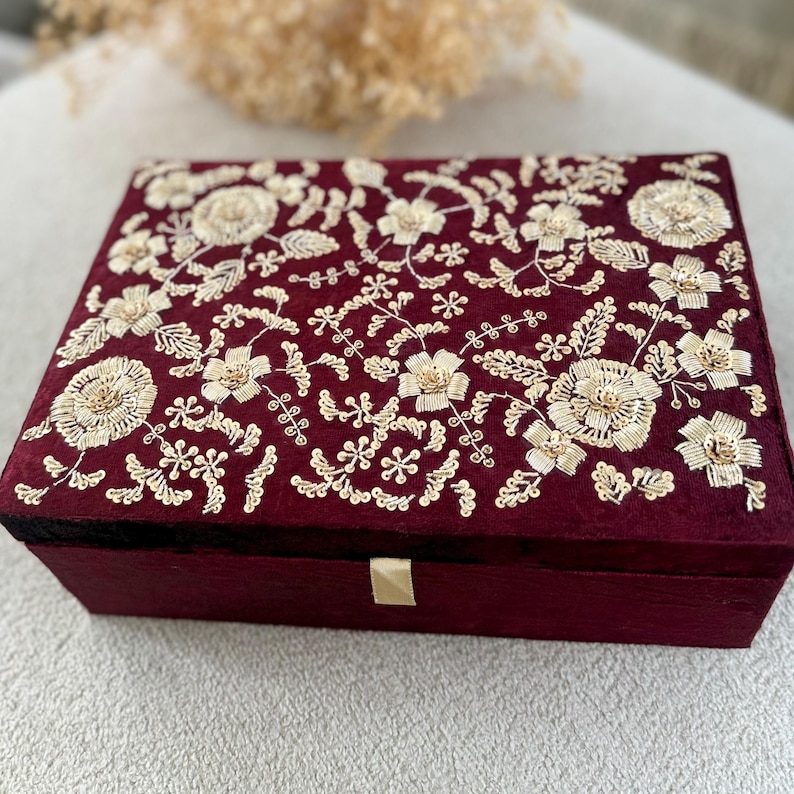 Handmade Maroon Velvet Trousseau Box | Gold Zardozi Embroidery image 6
