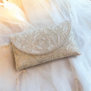 Cartera de cuentas / Bolso de noche blanco marfil / Dorado / Plateado / Bronce / Cartera tipo sobre / Regalo para ella / Regalo de novia / Regalo de dama de honor /