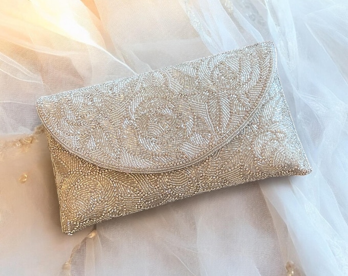Handmade Beaded Bridal Clutch: Ivory White Evening Purse