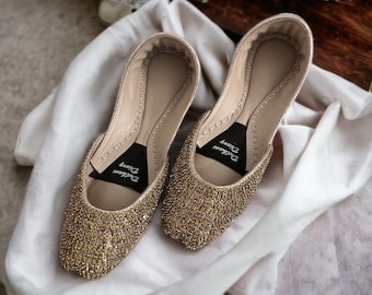 Dewdrop Dream | Crystal embellished gold bridal Khussa Jutti | Pakistani Indian handmade shoes | Bridal shoes | Gift for her