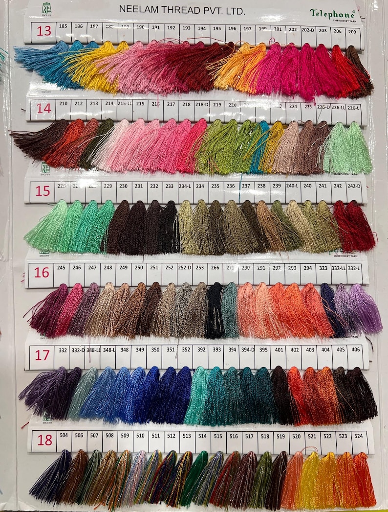 May include: Color chart of tassels in various colors, including teal, pink, and orange. The chart is labeled with numbers and the text "NEELAM THREAD PVT. LTD." and "Telephone". The tassels are arranged in rows, showcasing a wide range of hues.
