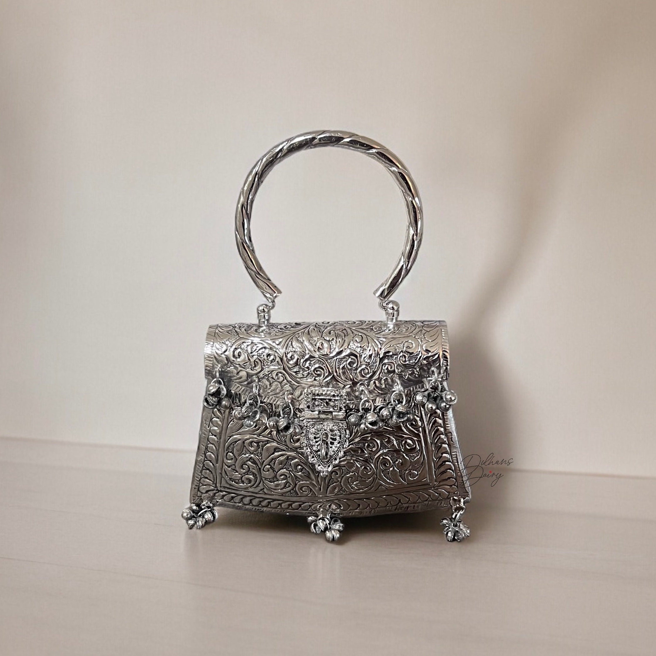 Petit Sac à Main Vintage Argenté Métal Avec Pierres D'agate - Sans Marque - Occasion
