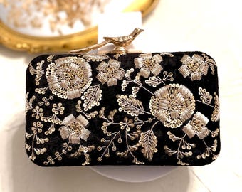 Black Velvet Clutch: Zardosi Embroidery, Bird Knob Evening Bag