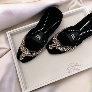 StoneGlow | Black Velvet Khussas/Juttis| Ladies handmade Pakistani Indian Khussa Sandal | Crystal Work Shoes | Bridal shoes |