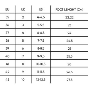 K&ouml;nnte beinhalten: Eine Gr&ouml;&szlig;entabelle, die europ&auml;ische, britische, US-amerikanische und Fu&szlig;l&auml;ngen in Zentimetern f&uuml;r Schuhgr&ouml;&szlig;en zeigt. Die Tabelle zeigt Gr&ouml;&szlig;en von 35 bis 43.