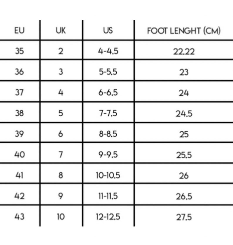 K&ouml;nnte beinhalten: Eine Gr&ouml;&szlig;entabelle, die europ&auml;ische, britische, US-amerikanische und Fu&szlig;l&auml;ngen in Zentimetern f&uuml;r Schuhgr&ouml;&szlig;en zeigt. Die Tabelle zeigt Gr&ouml;&szlig;en von 35 bis 43.