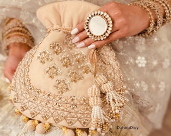 Handmade Beige Velvet Bridal Potli Bag: Embroidered Indian Evening Bag