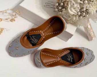 Blue Gray Bridal Khussa Jutti: Handmade Thread Work Leather Sandal