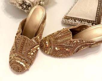 Handmade Gold Bridal Mules: Beaded Raw Silk Block Heels