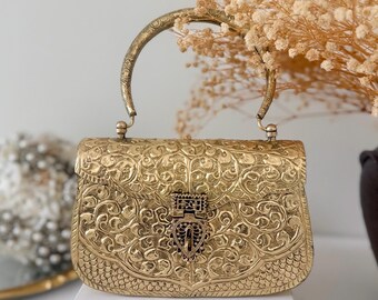 Clutch de latón bañado en oro: bolso de noche estilo vintage con asa superior