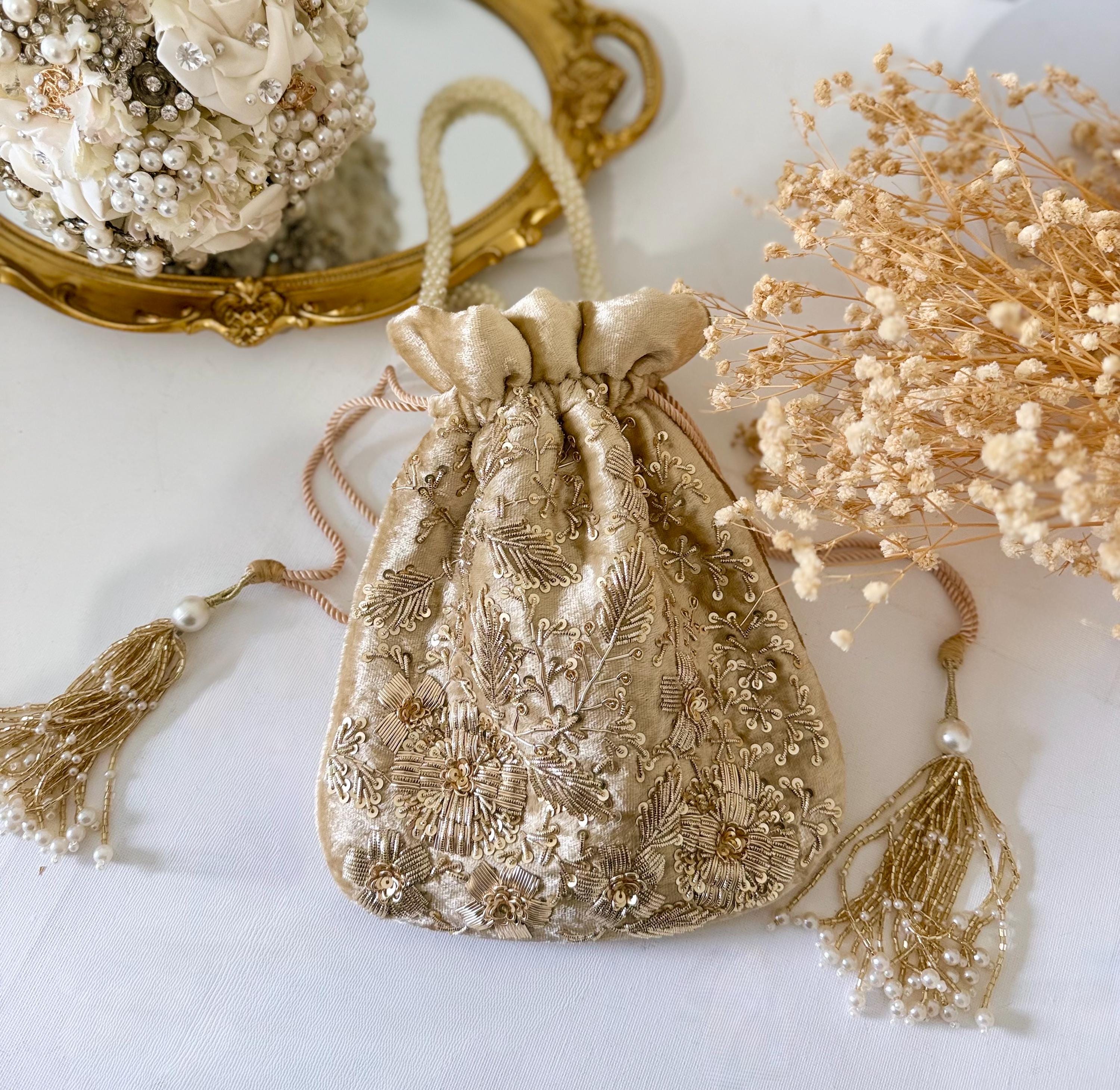 Champagne Gold Zardozi Work Bridal Potli Bag: Indian Wedding Evening Bag