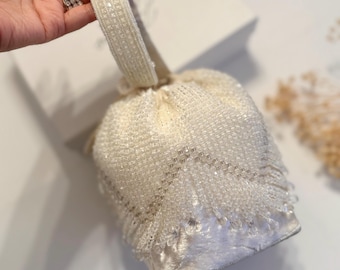 Handmade Crystal Bridal Potli Bag: Ivory Indian Evening Clutch