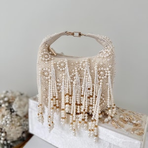 Beaded Ivory Bridal Top Handle Bag: Handmade Wedding Clutch