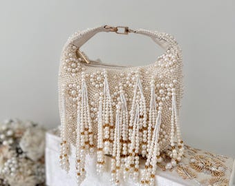 Beaded Ivory Bridal Top Handle Bag: Handmade Wedding Clutch