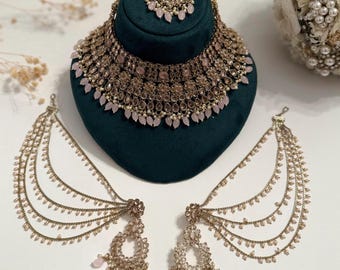 Pink Polki Indian Bridal Jewelry Set: Necklace, Earrings, Sahara & Maang Tikka