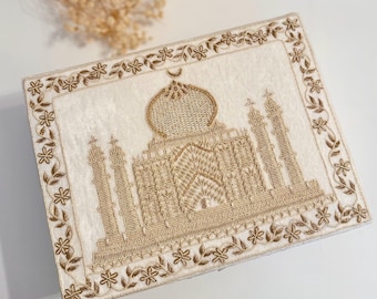 Taj Mahal Inspired Bridal Keepsake Box: Gold Zardozi Embroidered Velvet Jewelry Storage