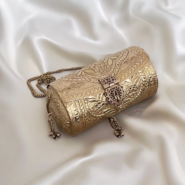 WhisperingMoonClasp | Antique Clutch for Women | Indian Handmade Gold Metal Vintage Style Handbag |  Brass Clutch for Wedding