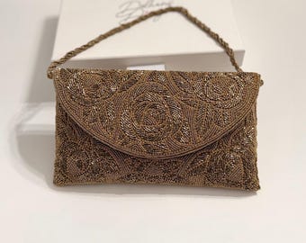 ハンドメイドアンティークブロンズビーズクラッチ：花柄ブライダルイブニングバッグ