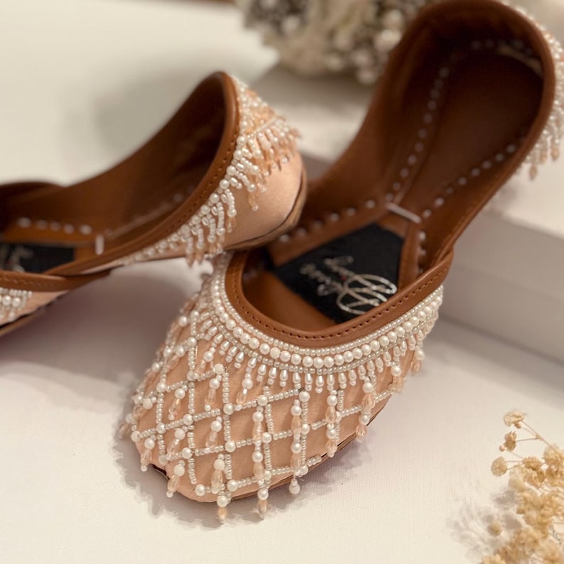 Light Peach Beaded Khussa Jutti: Handmade Indian Bridal Shoes image 5
