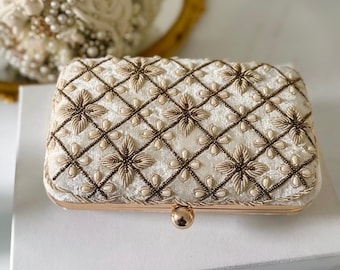 Ivory Beaded Bridal Clutch: Wedding Evening Bag With Gold Embroidery