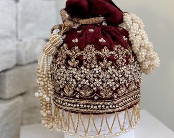 Deep Red Maroon Velvet Bridal Potli Bag: Indian Wedding Handbag