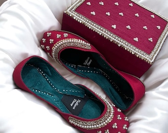 Handmade Deep Red Velvet Bridal Khussa Jutti: Pakistani Wedding Shoes