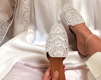 Glassy Grace - Mules |  Backless White Khussa/Juttis/Ladies Handmade Pakistani Slip ons |Bridal Shoes| Wedding shoes