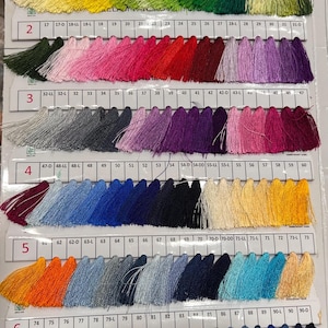 May include: A color chart of embroidery thread tassels in a variety of colors, including yellow, pink, red, purple, blue, and orange. The chart is labeled with numbers and text from Neelam Thread Pvt. Ltd.