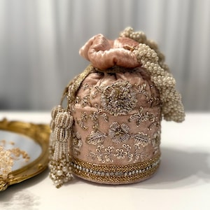 Luxury Bridal Potli Bag | Muave / Dusty Potli Bag With Zardozi Work | Pink Floral Wedding Day Potli Bag | Evening Bag| Gift for Bride