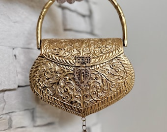 Handmade 14K Gold Plated Heart Shape Brass Clutch: Vintage Style Wedding Purse