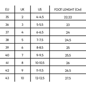 May include: A white chart with black text detailing shoe size conversions. The chart includes EU, UK, and US sizes, along with corresponding foot lengths in centimeters, ranging from 22.22 cm to 27.5 cm.