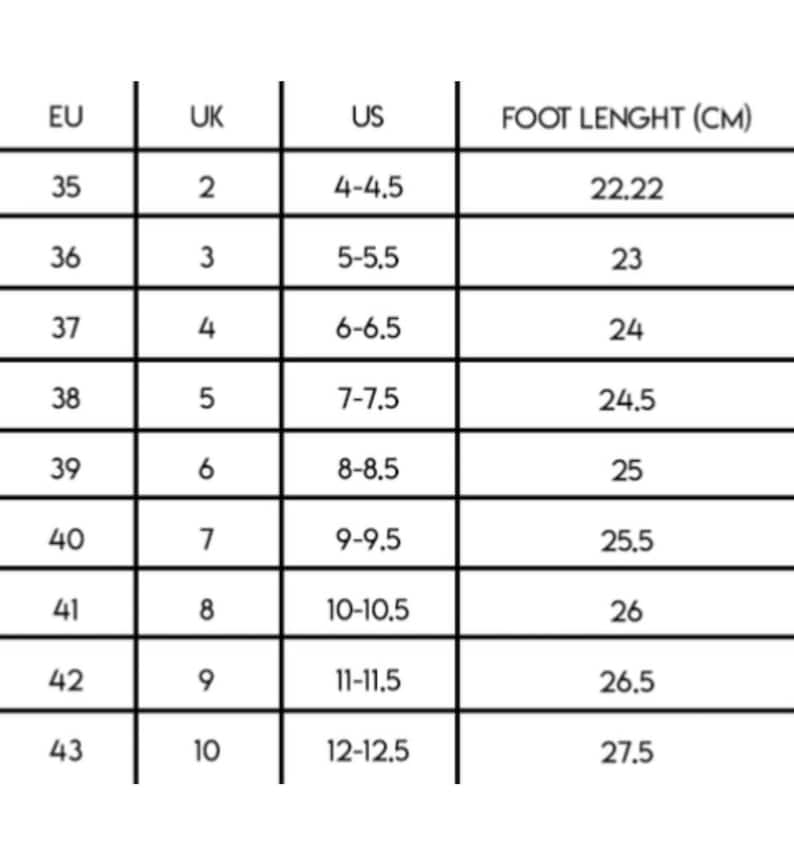 May include: A white chart with black text detailing shoe size conversions. The chart includes EU, UK, and US sizes, along with corresponding foot lengths in centimeters, ranging from 22.22 cm to 27.5 cm.