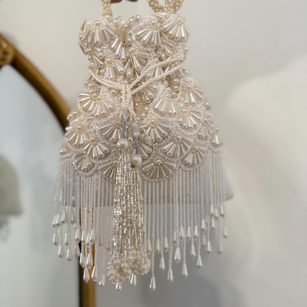 Ivory Beaded Bridal Potli Bag: Velvet Wedding Day Bridal Handbag