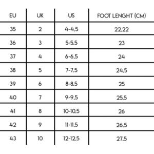 May include: A size chart showing European, UK, and US shoe sizes with corresponding foot lengths in centimeters.