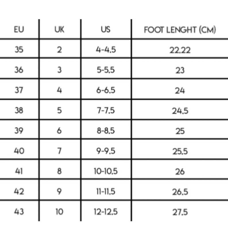 May include: A size chart showing European, UK, and US shoe sizes with corresponding foot lengths in centimeters.