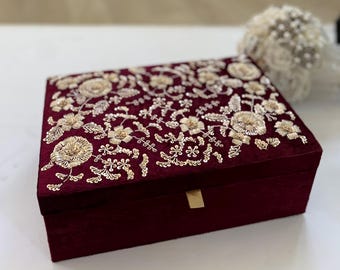 Handmade Maroon Velvet Trousseau Box | Gold Zardozi Embroidery