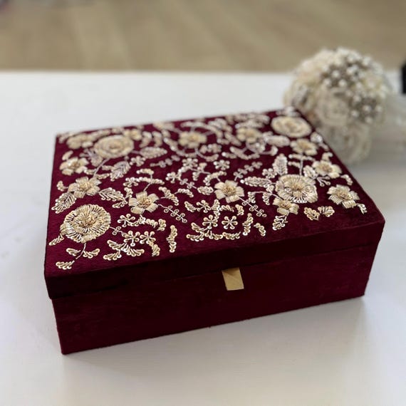 Handmade Maroon Velvet Trousseau Box | Gold Zardozi Embroidery
