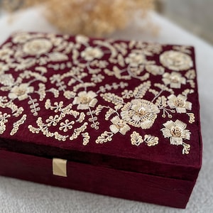 Handmade Maroon Velvet Trousseau Box | Gold Zardozi Embroidery image 4